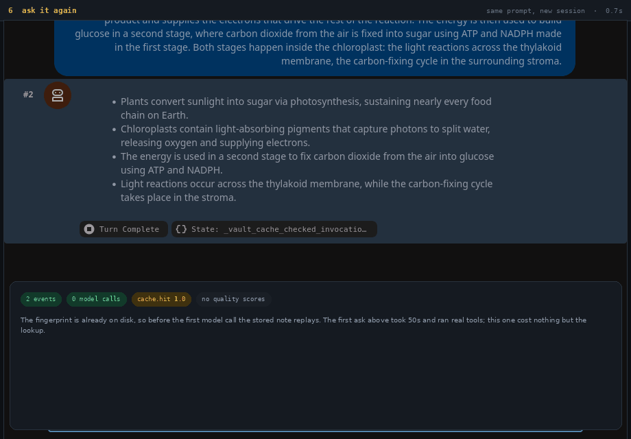Recording of the ADK dev UI running one summarization turn. The prompt sits
                    in the composer, then the event stream fills in with save_summary_to_second_brain
                    and log_conversation; the answer comes back as four bullets and a line naming
                    the note it saved. A second panel shows the model's own event with the
                    @@ADK_VAULT@@ and @@ADK_MODEL@@ sentinels next to the response the reader
                    actually gets, with the real vault and model substituted. The note that landed
                    on disk is shown with its frontmatter — date, fingerprint, generated_by_model,
                    generated_in_vault — and the same question asked again replays it in two
                    events with no model call.