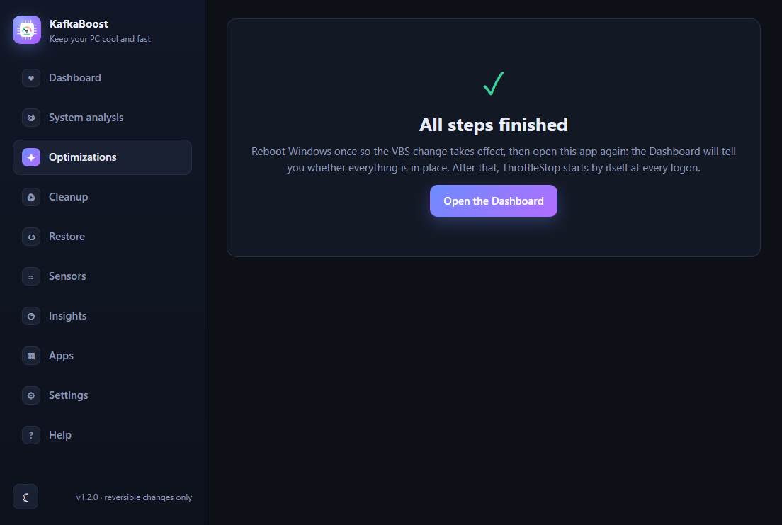Finish screen: all steps finished