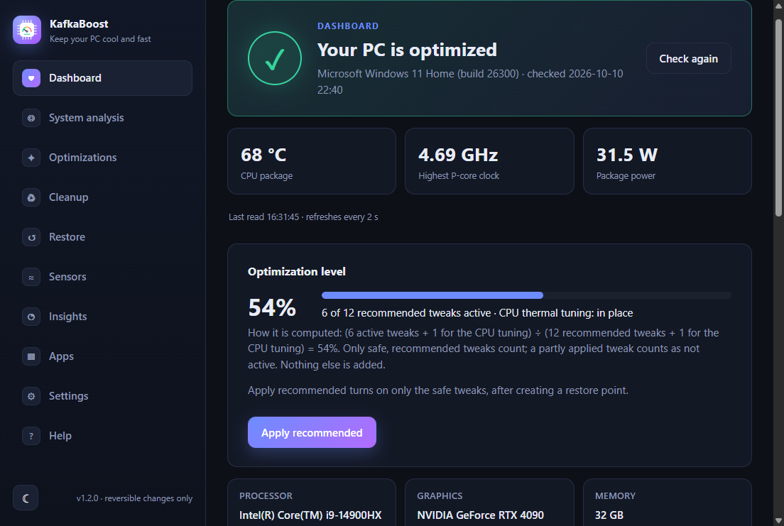 KafkaBoost Dashboard showing a green check and the message Your PC is optimized, with CPU temperature, clock and power cards.