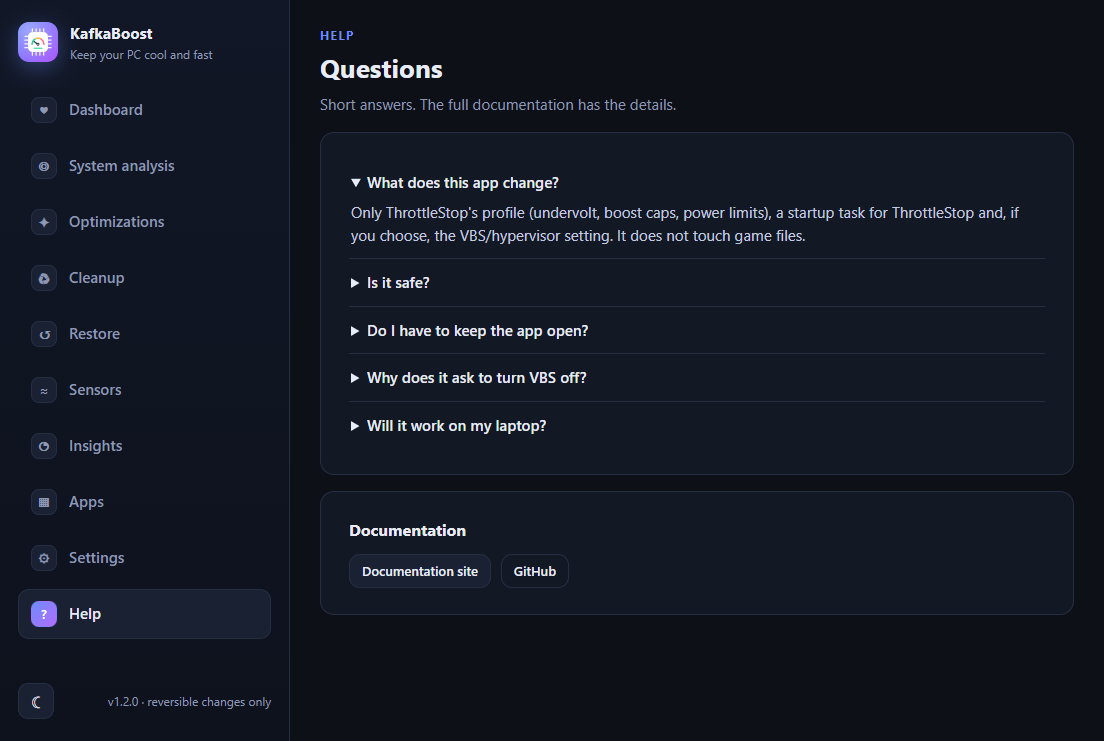 Help screen with short questions and answers and documentation links
