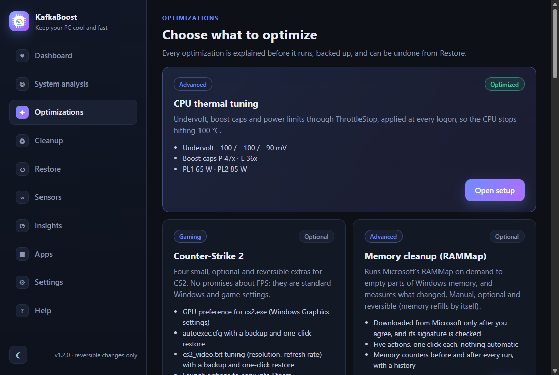 Optimizations screen with CPU thermal tuning marked Optimized and planned cards for power plan, background services, network latency and in-game settings