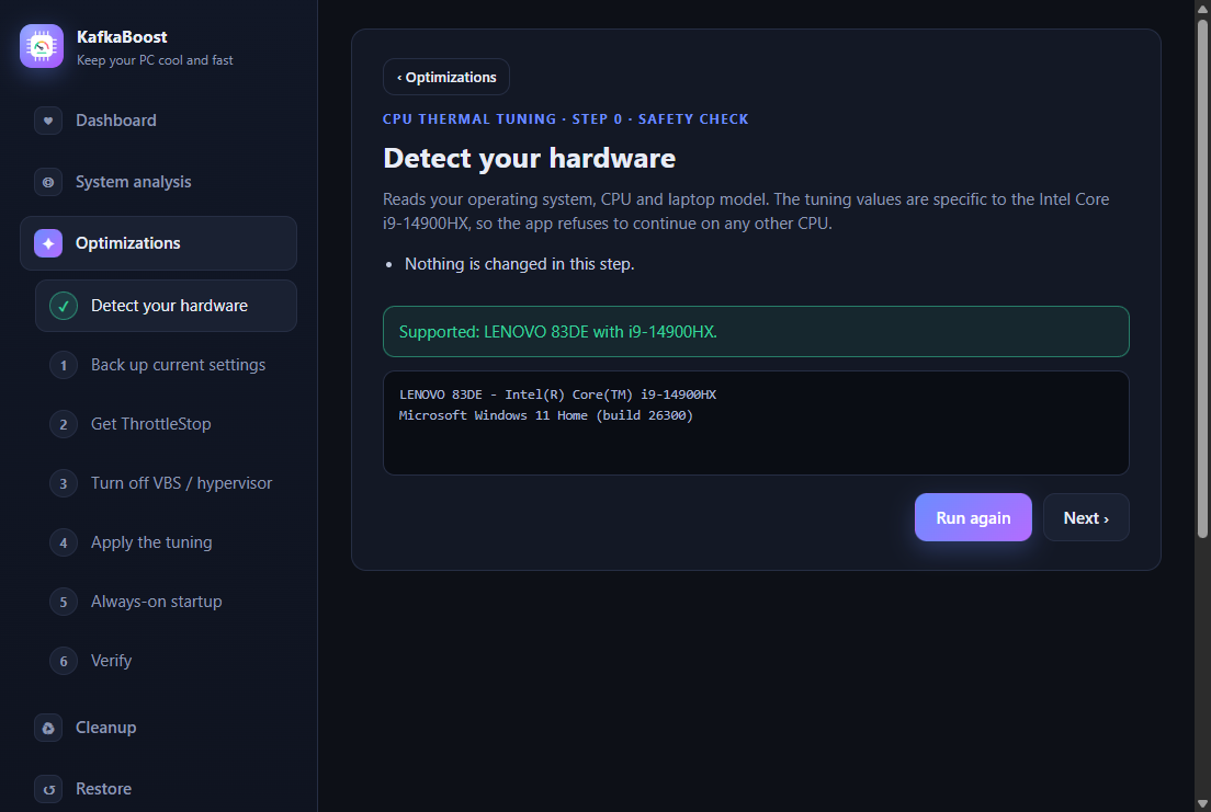 Wizard step 0: detect your hardware, supported Lenovo 83DE with i9-14900HX