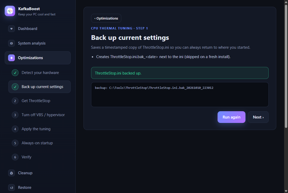 Wizard step 1: back up current settings