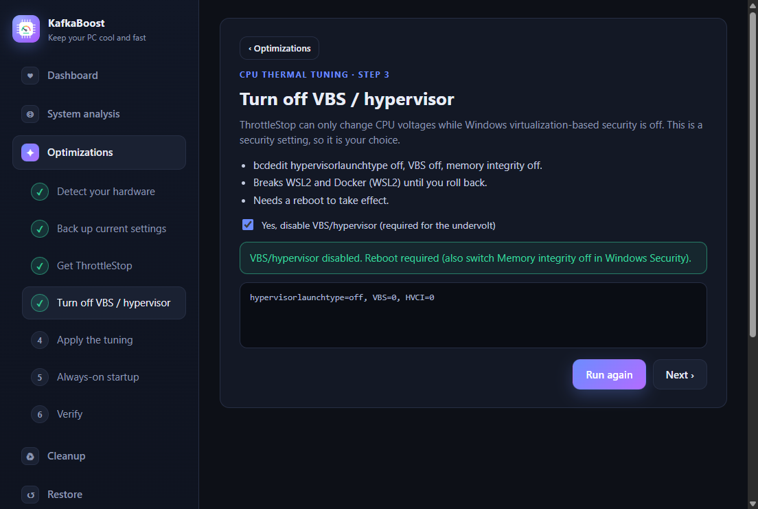 Wizard step 3: turn off VBS and hypervisor, with a checkbox