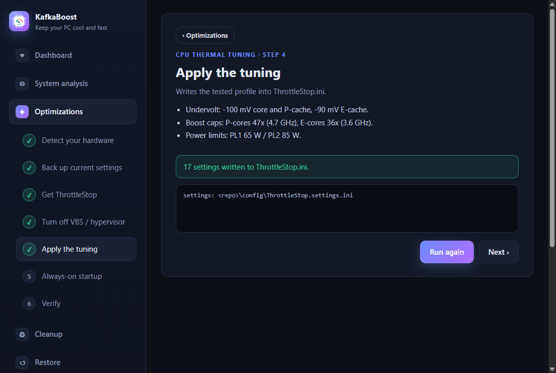 Wizard step 4: apply the tuning, listing undervolt, boost caps and power limits