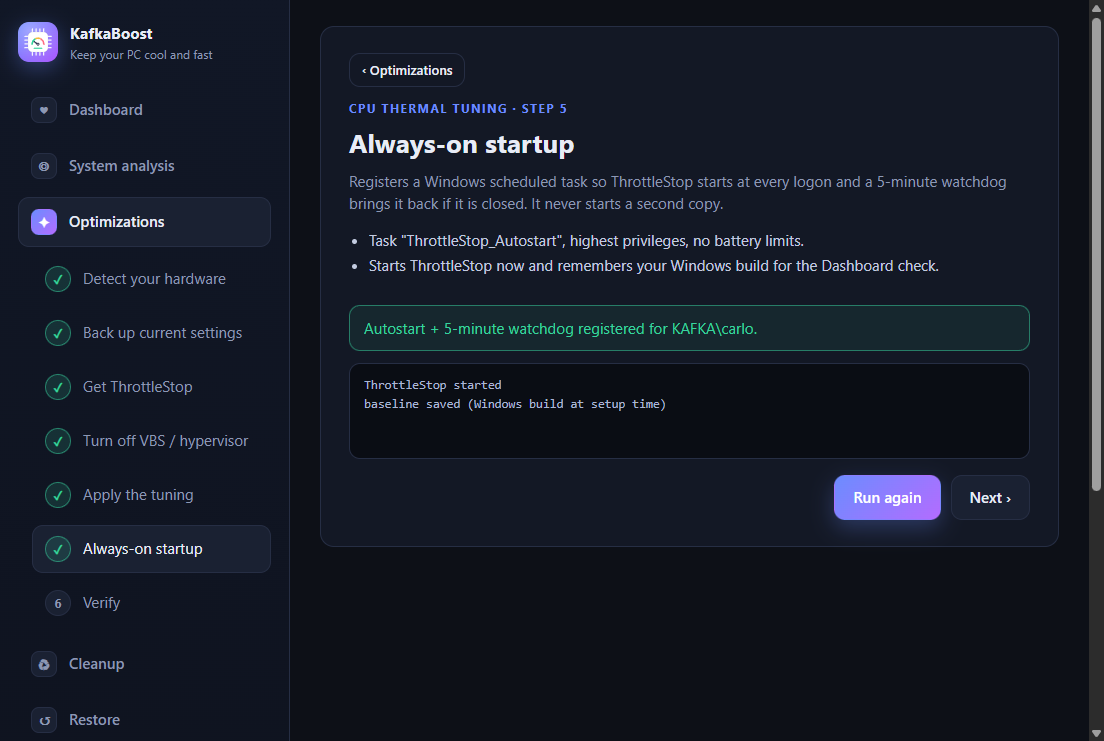 Wizard step 5: always-on startup task