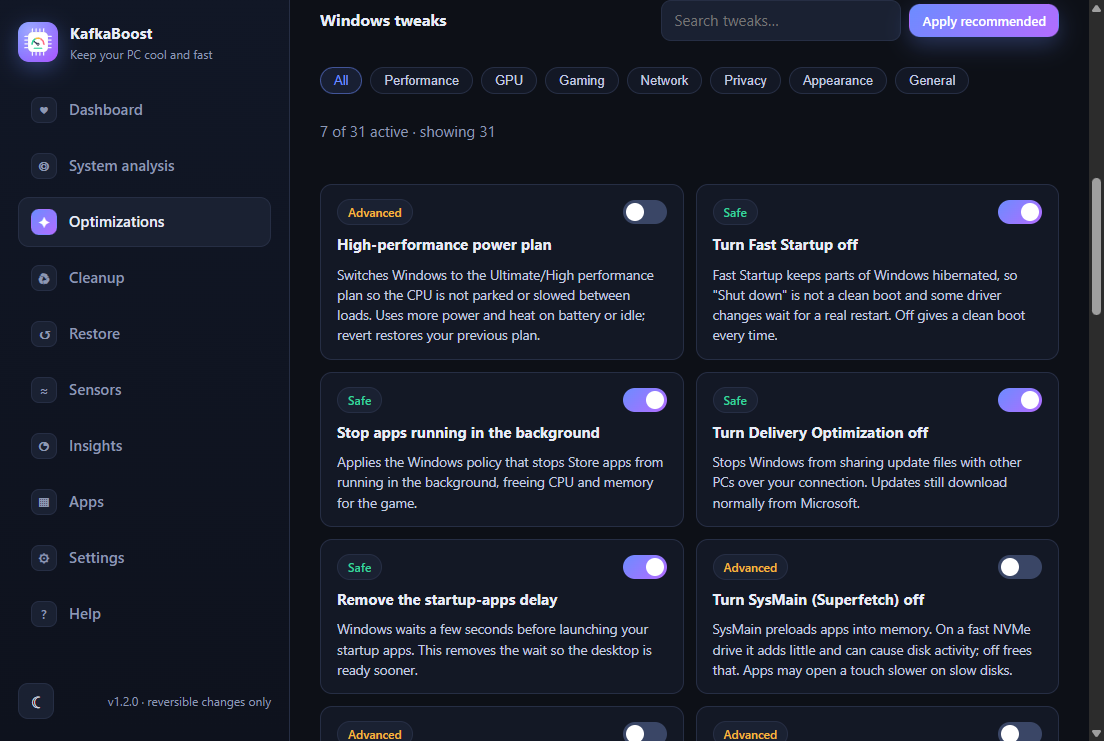 Optimizations screen: tweak cards with Safe and Advanced badges and toggles.